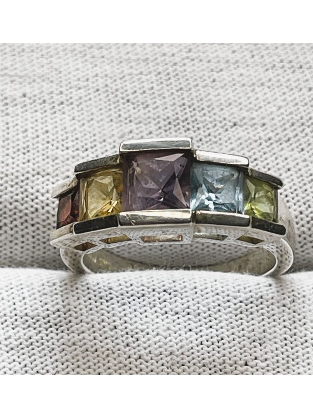 Vintage 925 Silver Multi Gemstone Princess Cut Rainbow Estate Channel Ring